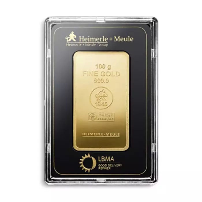 100 Gramm Goldbarren Heimerle & Meule 