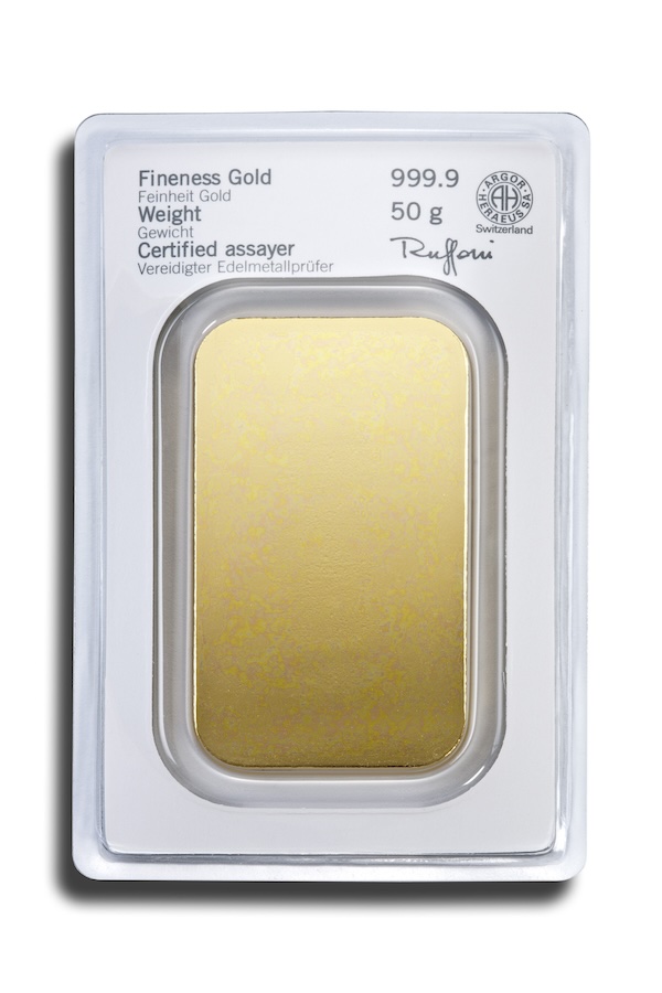 Blister 50 Gramm Goldbarren Heraeus
