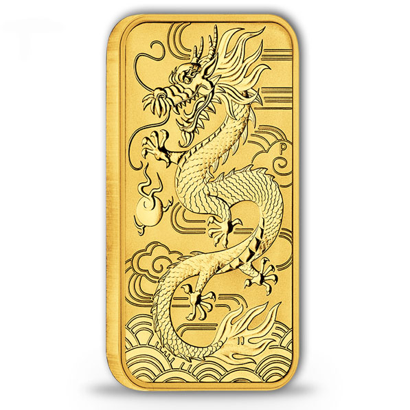 Motivseite der rechteckigen 1 oz Goldmünze Drache 2018 von der Perth Mint.