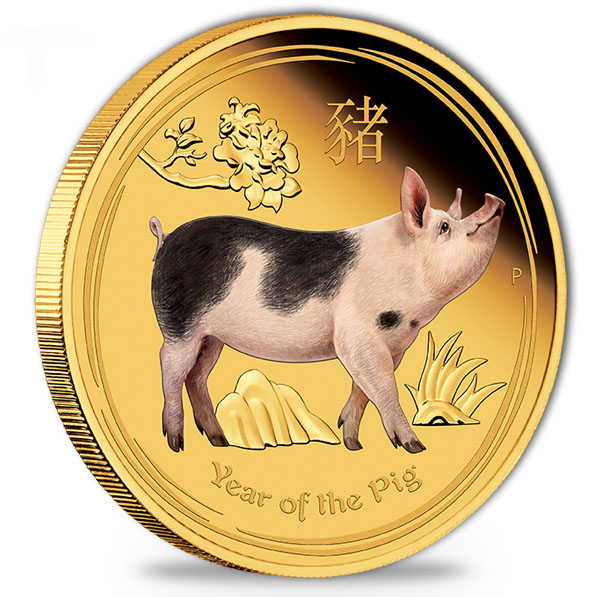 Lunar II - Schwein - 1 Unze Gold Proof farbig +Box +COA