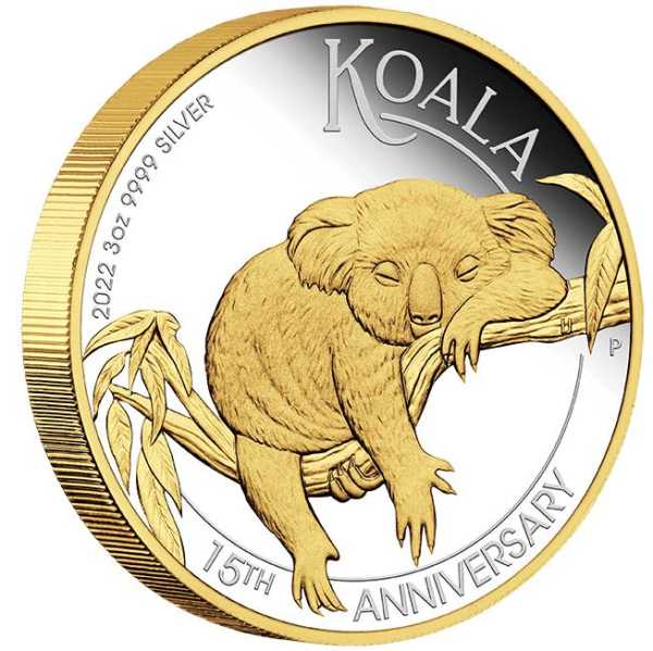 Australien Koala 3 Oz Silber vergoldet 15th Anniversary 2022 +Box +COA*