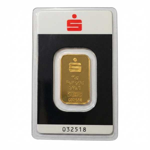 Sparkasse 10 Gramm Kinebar Goldbarren Vorderseite Argor Heraeus