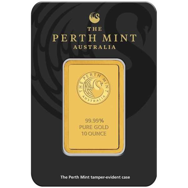 10 Oz Goldbarren Perth Mint Vorderseite schwarze Certicard Verpackung