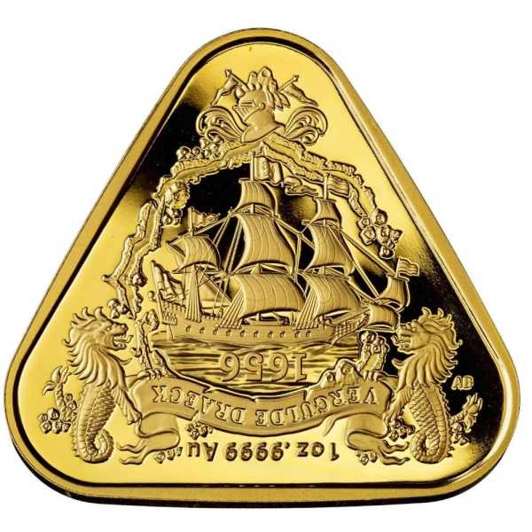 Vorderseite der dreieckigen 1 oz Goldmünze Vergulde Draeck 2020 mit sinkendem Schiff.