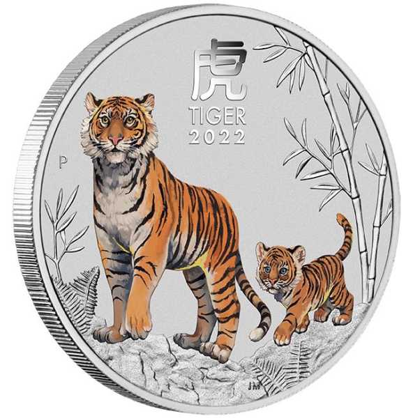 Lunar Tiger Silbermünze 5 Unzen farbig coloriert 2022