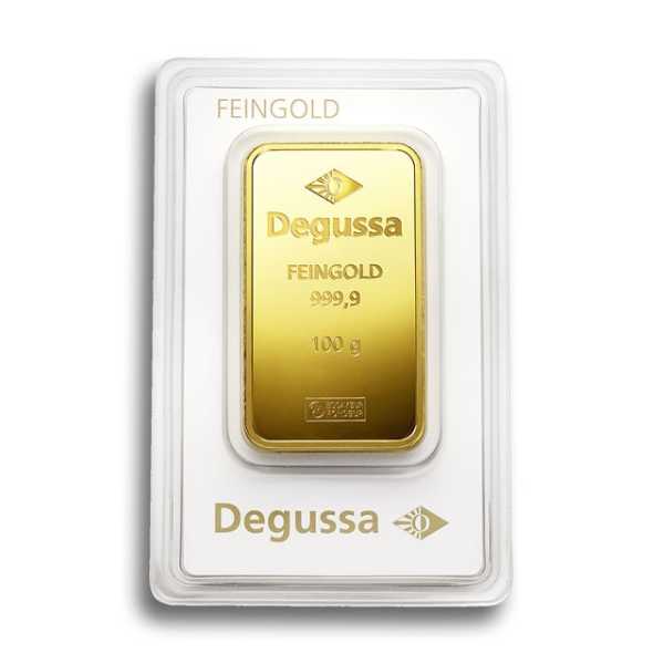 100 Gramm Degussa Goldbarren geprägt