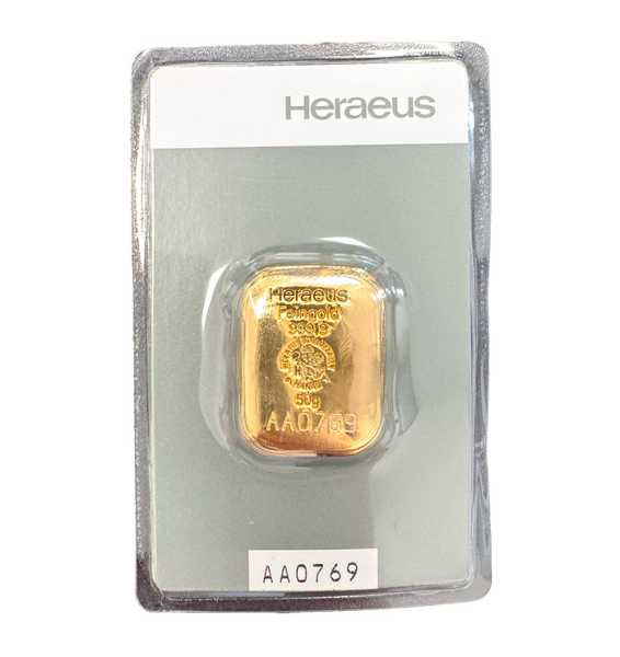 Heraeus 50 Gramm Goldbarren gegossen im Blister