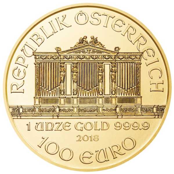 Vorderseite der 1 oz Goldmünze Wiener Philharmoniker mit der Orgel im Goldenen Saal.