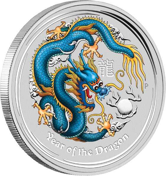Lunar II Drache 1 Unze Silber farbig blau 2012