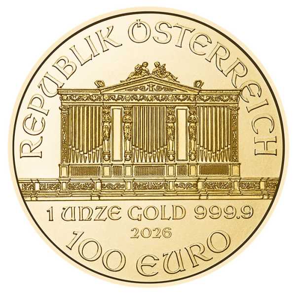 Wertseite der 1 oz Goldmünze Wiener Philharmoniker 2026 mit Orgel-Motiv.