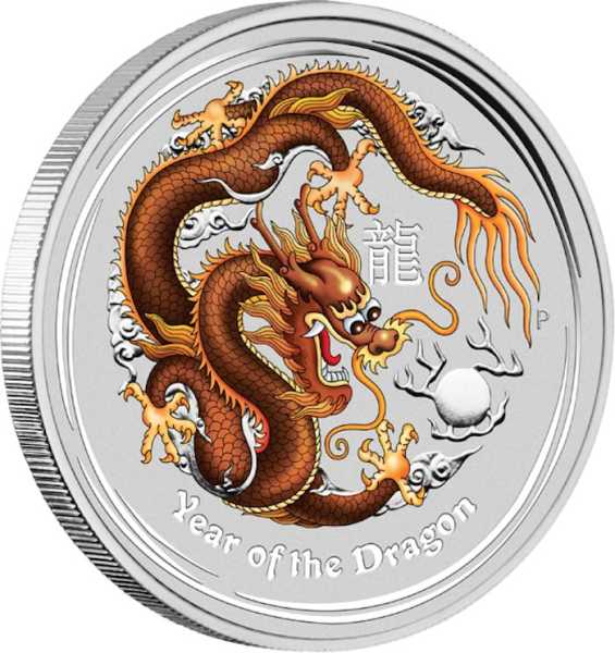 Lunar Drache 1 Unze Silber farbig Braun 2012