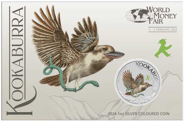 World Money Fair - Kookaburra 1 Unze Silber farbig 2024 im Blister