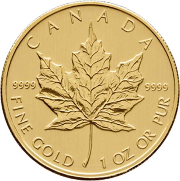otivseite der Maple Leaf 1 Unze Goldmünze mit dem ikonischen Ahornblatt