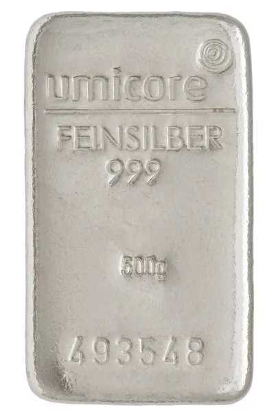 Umicore 500 Gramm Silberbarren Vorderseite Gussoptik