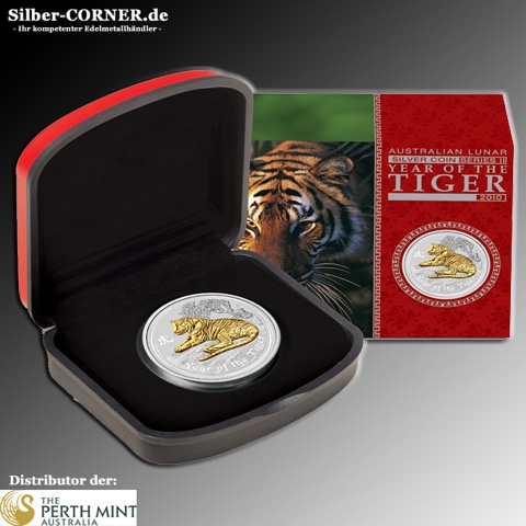 Lunar II Tiger 1 Oz Silber gilded + Box + COA*