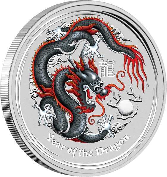 Lunar II Drache 1 Unze Silber farbig schwarz 2012