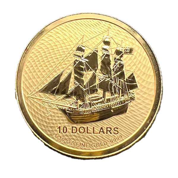 Vorderseite der 1/10 oz Goldmünze Cook Islands mit dem Motiv der HMS Bounty.