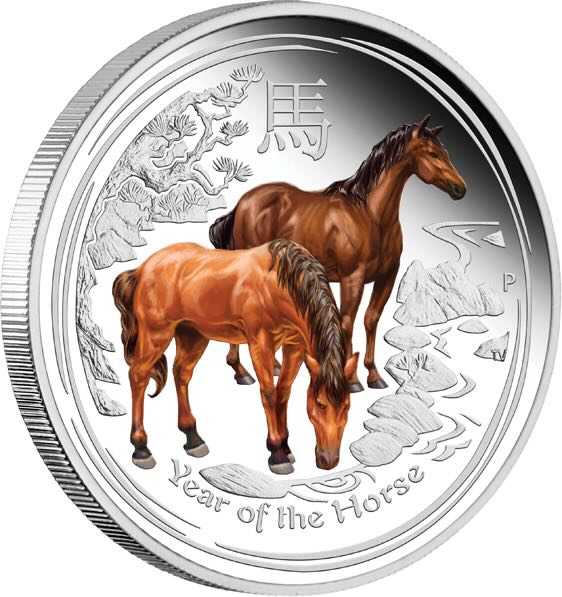 Lunar II Pferd 2 Unzen Silber Proof farbig 2014
