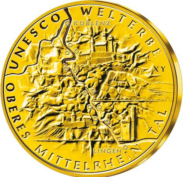 100 Euro Goldmünze 2015 Oberes Mittelrheintal Rückseite Motiv Rheintal