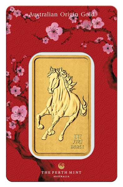 Lunar Pferd Goldbarren 1 Unze geprägt im Bilster