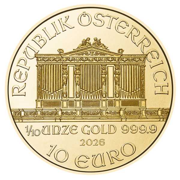 Wertseite der 1/10 oz Goldmünze Wiener Philharmoniker 2026 mit der Orgel im Goldenen Saal