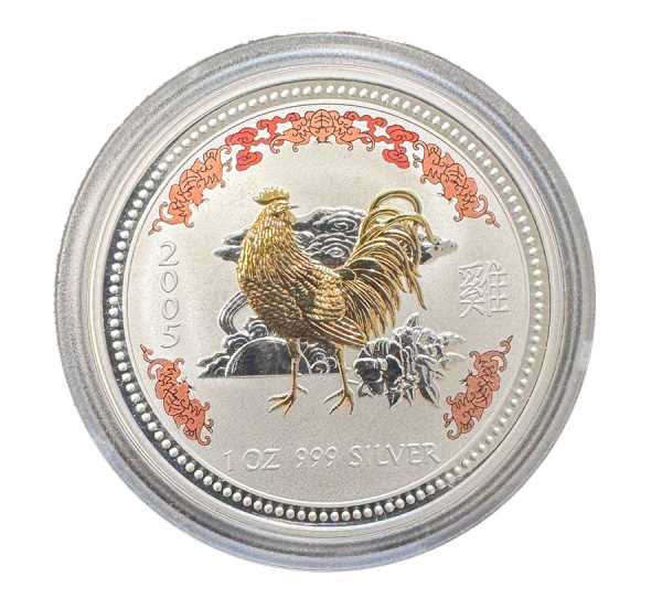 Lunar I Hahn 1 Unze Silber farbig vergoldet 2005