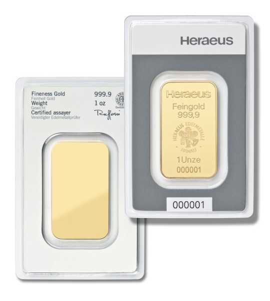 Heraeus 1 Unze Goldbarren im Blister 