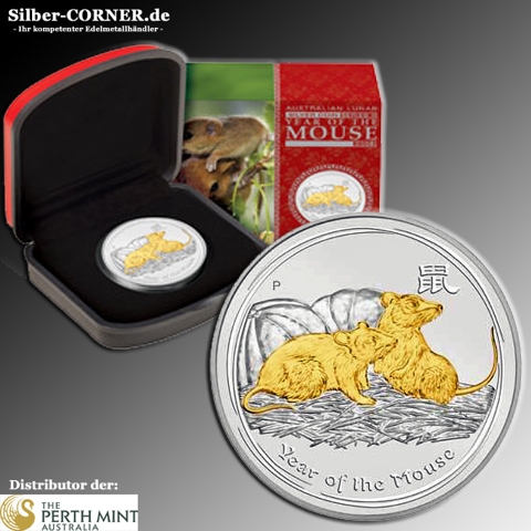 Lunar II Maus 2008 1 Oz gilded + Box + Zertifikat *