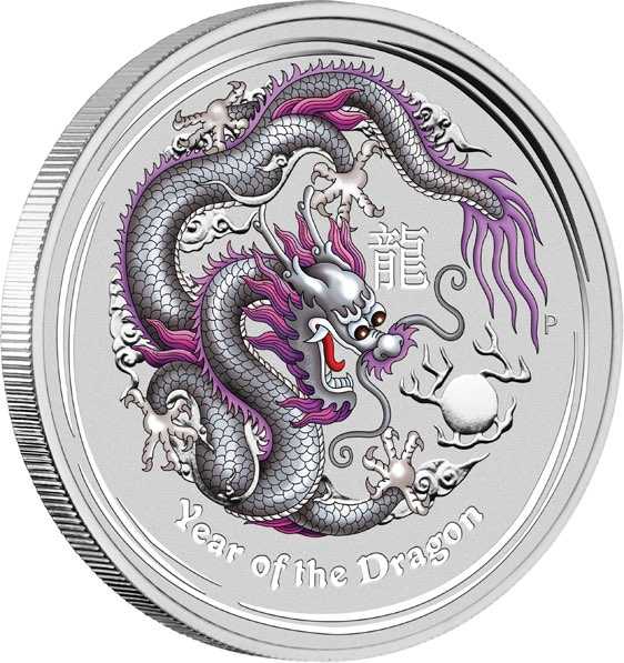 Lunar II Drache 1 Unze Silbermünze silberfarbig coloriert 2012 