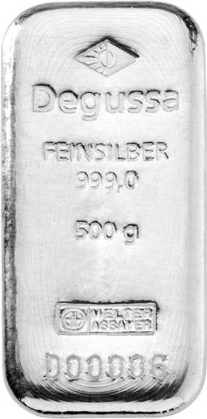 Degussa 500 Gramm Silberbarren verschiedene Design-Generationen
