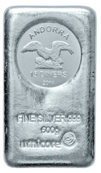 Vorderseite Umicore Andorra 500 Gramm Silber Münzbarren